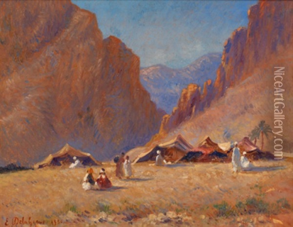 Campement A L'entree Des Gorges Oil Painting - Eugene Jules Delahogue