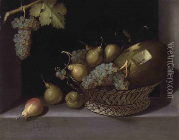 Grapes, Pears And A Melon In A Basket In A Stone Niche Oil Painting - Juan Van Der Hamen Y Leon