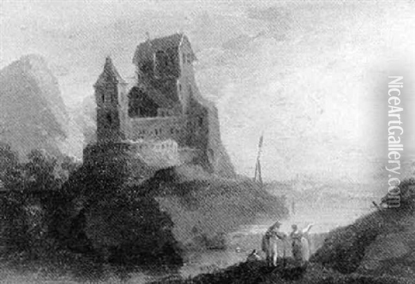 Blick Auf Eine Machtige Burg Am Flus Oil Painting - Johann Michael Frey