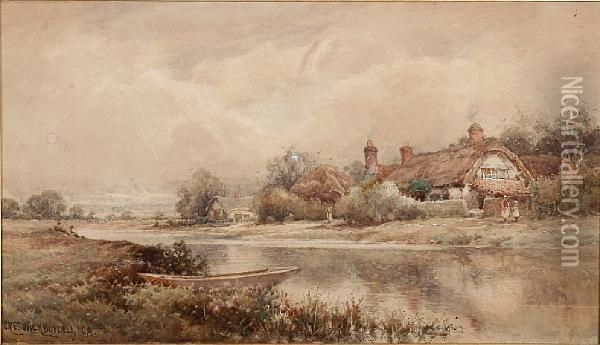 River Landscape With Cottage And Figures Oil Painting - Creswick Boydell