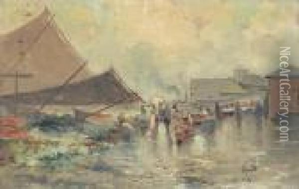 Fischmarkt Im Hafen Von Neapel. Oil Painting - Oscar Ricciardi