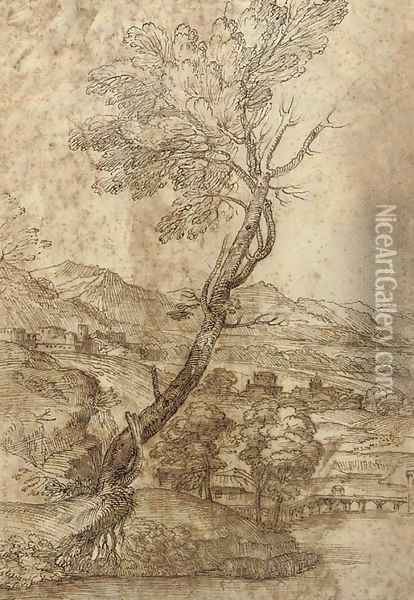 An extensive landscape with a tree Oil Painting - Giovanni Francesco Grimaldi