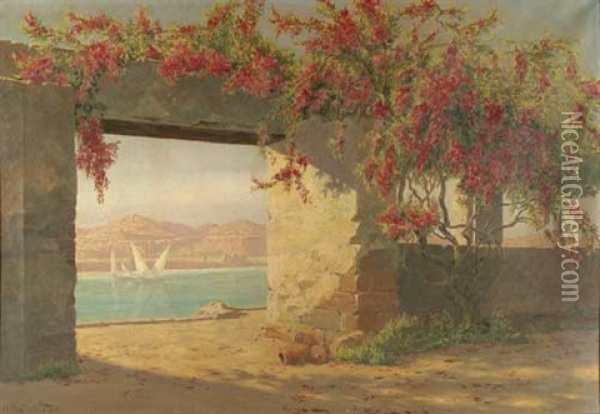 Durchblick Mit Rotregen Auf Eine Italienische (?) Bucht Mit Segelschiffen Oil Painting - Hermann Baumeister