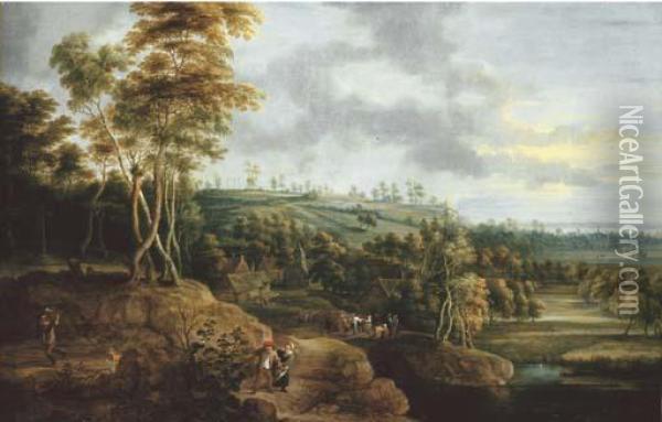 An Extensive River Landscape 
With A Peasant Couple In The Foreground, A Village Kermesse Beyond Oil Painting - Lucas Van Uden