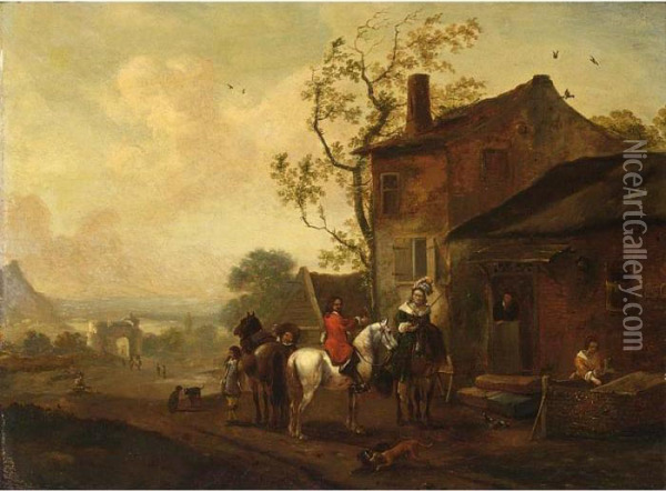 An Elegant Hunting Party Near An Inn Oil Painting - Pieter Wouwermans or Wouwerman