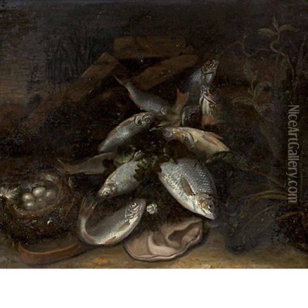 Still Life With Fish And A Bird's Nest With Eggs In A Landscape Oil Painting - Jakob Gillig