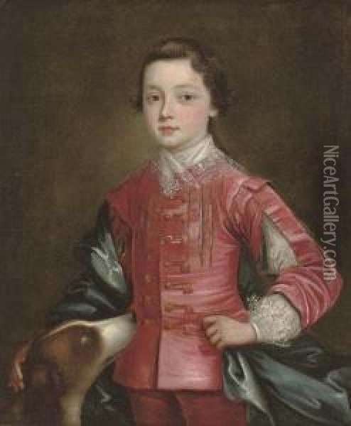 Portrait Of A Boy, 
Three-quarter-length, In A Red Slashed Doublet With A Blue Mantle, A 
Spaniel At His Side Oil Painting - Thomas Bardwell