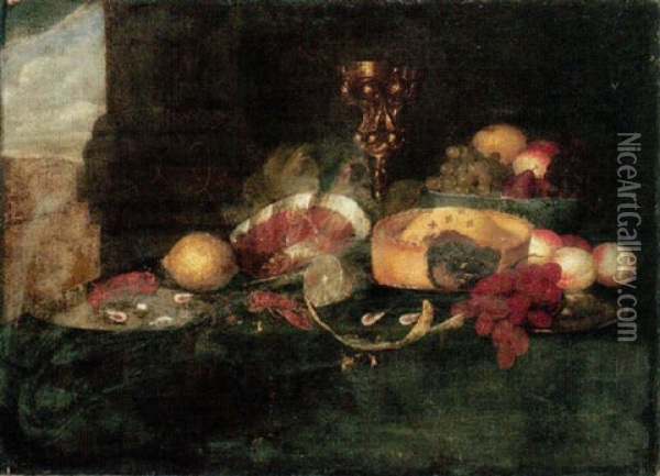 Still Life Of Fruit In A Blue And White Porcelain Bowl, Grapes, Peaches, A Pie, Peeled And Whole Lemons On Pewter Plates Oil Painting - Jan Davidsz De Heem