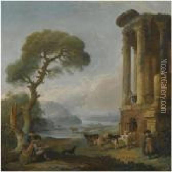 A River Landscape With An Artist
 Sketching Beneath A Ruined Temple, Possibly The Temple Of The Sibyl At 
Tivoli Oil Painting - Hubert Robert