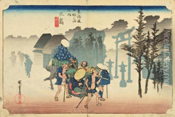 Album Contenant Cinquante-deuxestampes Oban Yoko-e De La Serie Tokaido Gojusan Tsugi Oil Painting - Utagawa or Ando Hiroshige