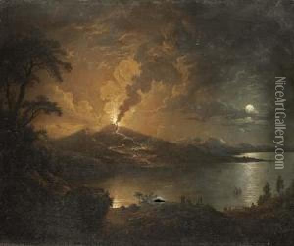A Coastal Landscape With A Volcano Erupting By Moonlight Oil Painting - Sebastian Pether