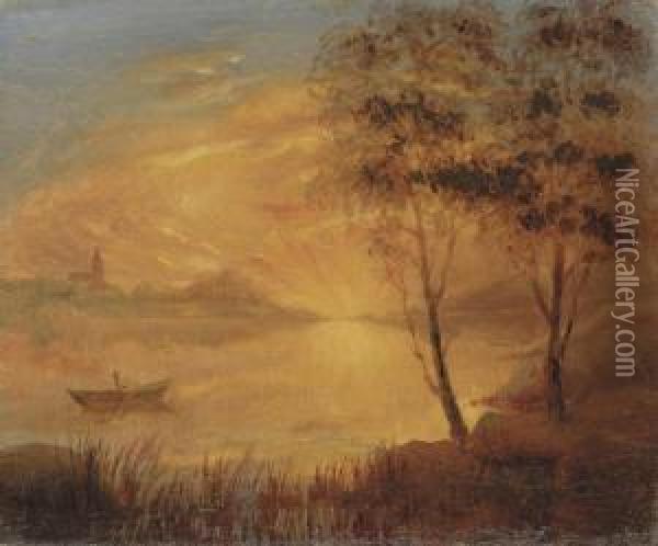 Skanskt Landskap Om Aftonen 
Strax Efter Solens Nedgang (eveninglandscape After Sunset, Skane) Oil Painting - Carl Fredrik Hill