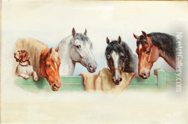 A Dog And Four Horses Oil Painting - Carl Reichert