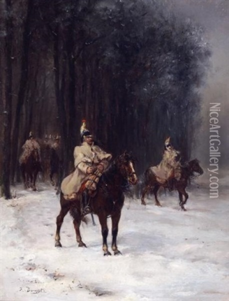 Prussian Calvary Exiting The Forest Oil Painting - Louis Emile Benassit