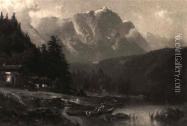 Alpine Landscape With Boaters Oil Painting - Heinrich Hiller