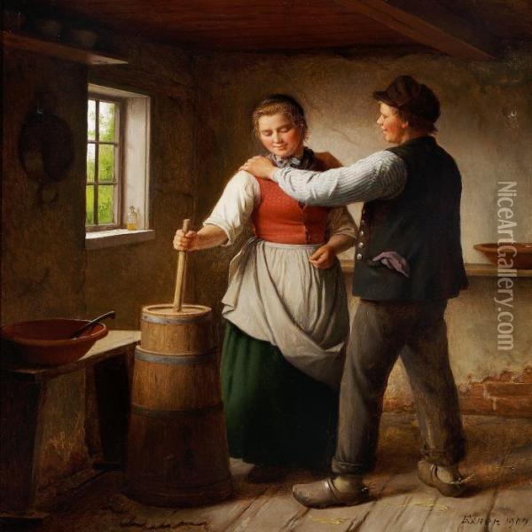 Flirting Young Couple Ina Farmhouse Interior Oil Painting - Julius Exner