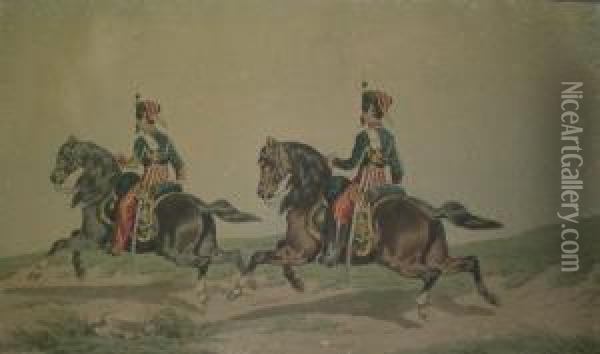 Deux Hussards A Cheval Oil Painting - Theodore Fort