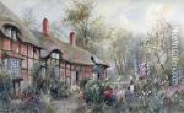 Thatched Cottage With A Girl In The Garden Oil Painting - Joseph Hughes Clayton