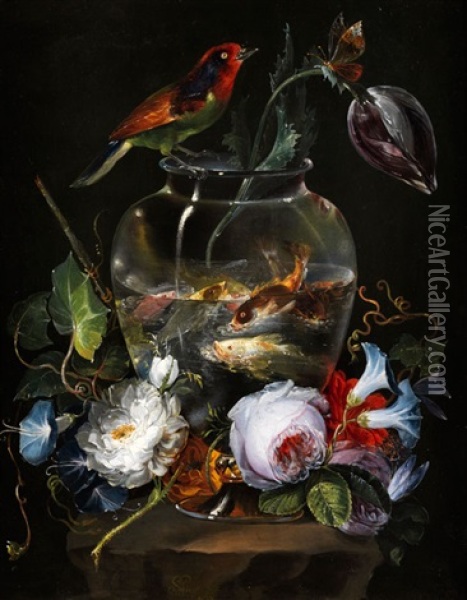 Stilleben Mit Aquarium Umstellt Von Sommerblumen Und Vogel Sowie Schmetterling Oil Painting - Salvatore Giusti