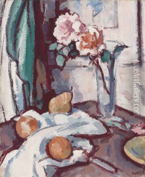 Still Life With Pink Roses, Oranges And A Pear Oil Painting - Samuel John Peploe