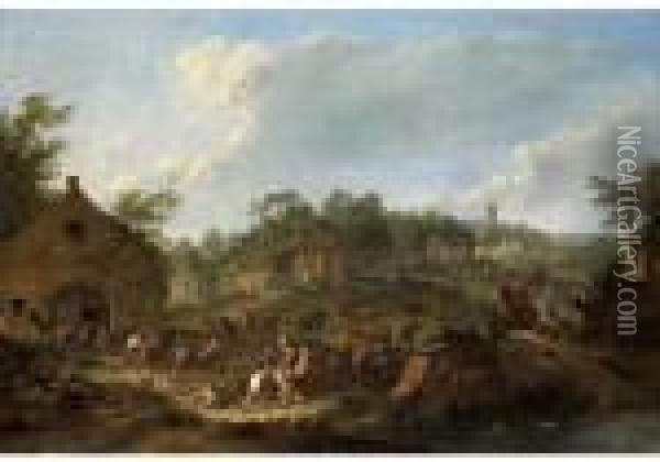 Dorfansicht Mit Kampfszene Zwischen Aufstandischen Bauern Und Hofischen Oil Painting - Karel Van Breydel (Le Chevalier)
