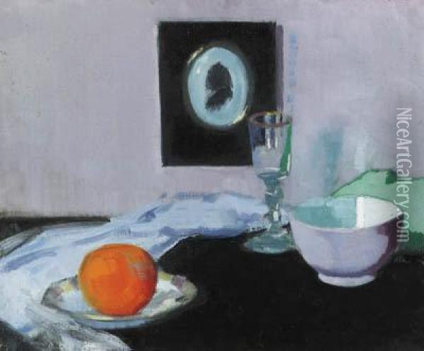 Still Life With Glass, Orange And Silhouette Oil Painting - Francis Campbell Boileau Cadell