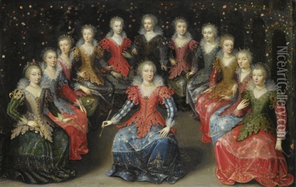An Allegory Of Love [?]: Twelve Noblewomen Seated In A Garden, Each Holding An Arrow Oil Painting - Claude Deruet