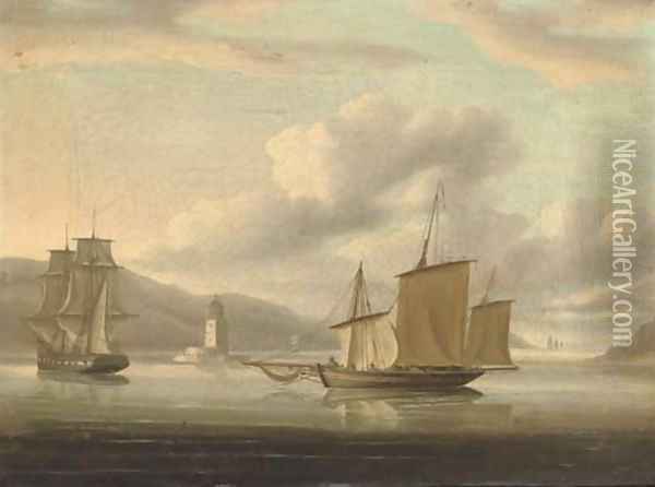 A Royal Naval frigate towing a lugger past the Belem Tower with the fleet standing out to sea Oil Painting - Thomas Buttersworth