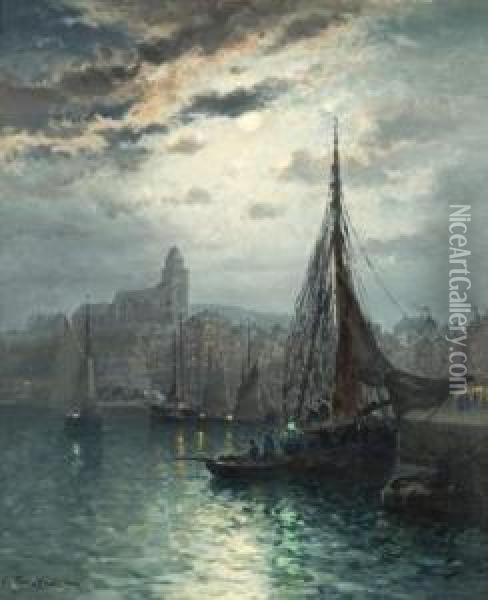 Le Treport : Effet De Lune Sur Le Port Oil Painting - Louis Timmermans