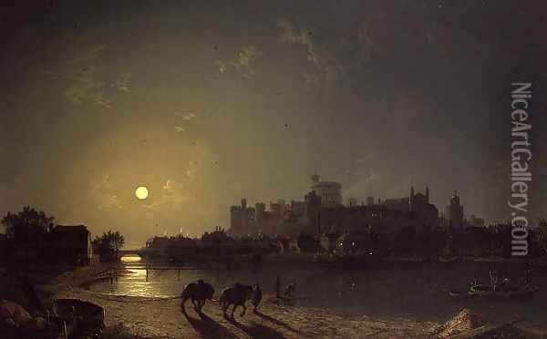 Moonlight View of Windsor Castle from the Thames Oil Painting - Henry Pether