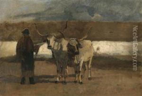Farmer With Yoke Of Oxen Oil Painting - Emil Jakob Schindler
