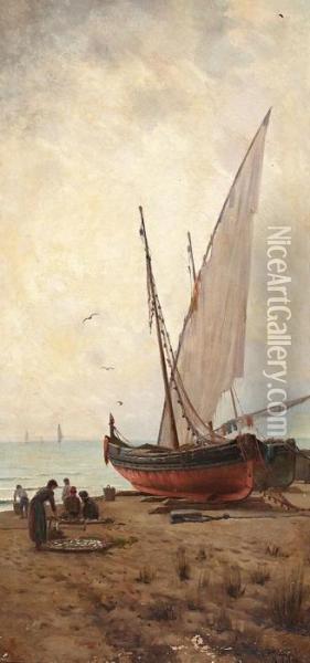 Barcas En La Playa Oil Painting - Aurelio Tolosa Y Alsina