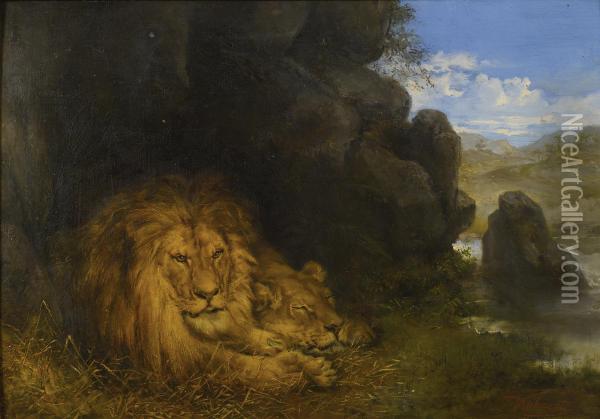 Two Lions In A Cave Oil Painting - Wilhelm Kuhnert
