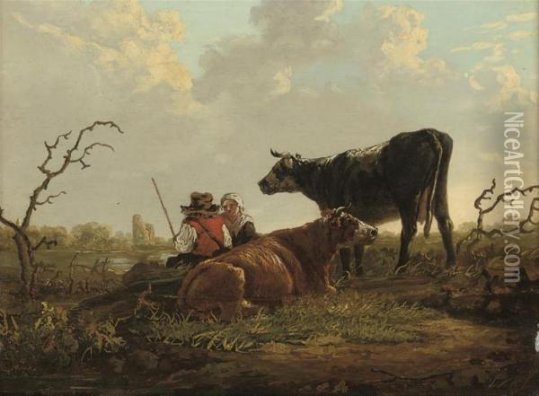 A River Landscape With A Drover And His Cattle At Rest On Thebank Oil Painting - Jacob Van Stry