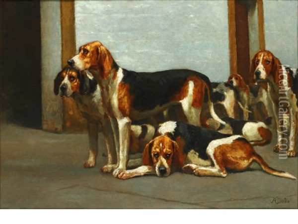 Hounds In The Kennel Oil Painting - Alfred Duke