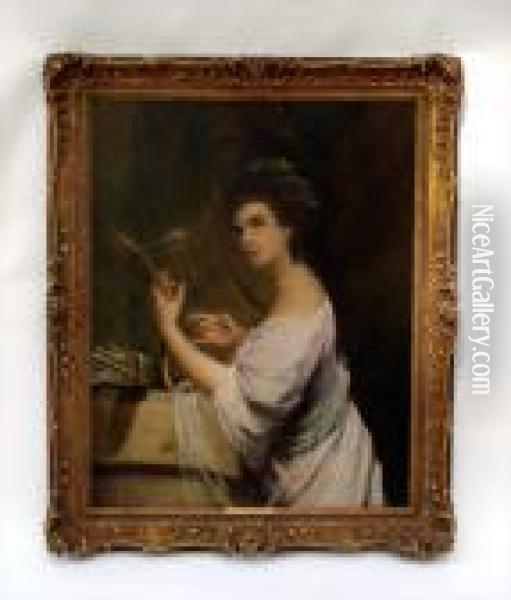 Portrait Of A Lady Playing A Harp In Carved Antique Gilt Frame Oil Painting - Angelica Kauffmann
