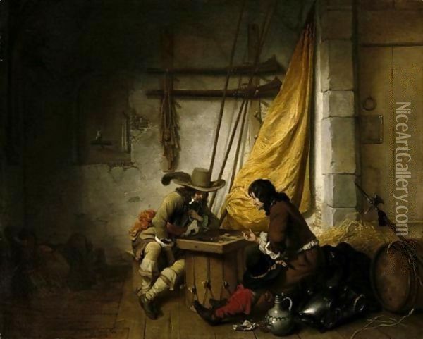 A Guardroom Scene With Two Soldiers Playing Backgammon And Another Asleep Oil Painting - Gerbrand Van Den Eeckhout