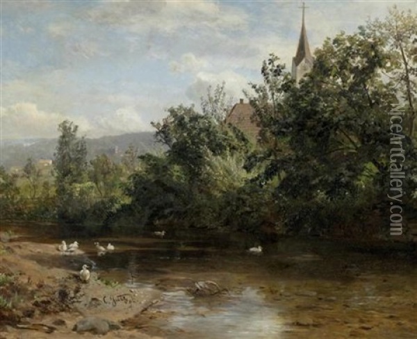 Flusslandschaft Mit Enten Und Einer Kirche Im Hintergrund Oil Painting - Carl Jutz the Elder