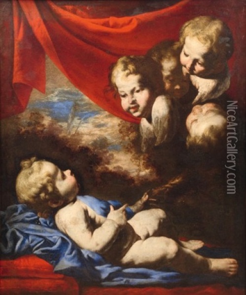 L'enfant Jesus Et Des Anges Oil Painting - Giovanni Francesco Guerrieri