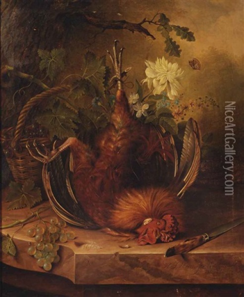 A Rooster, Grape Vines, Various Flowers And A Wicker Basket With Blue Grapes, A Hunting Knife And White Grapes On A Ledge Oil Painting - Hendrik Jan Hein