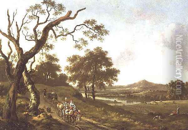 An Extensive Landscape with Pack Mules on a Country Road Oil Painting - Jan Wynants