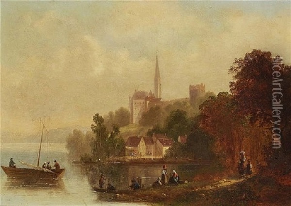 Shore Landscape With Ruins Of A Castle And A Church Tower Oil Painting - Anton Doll