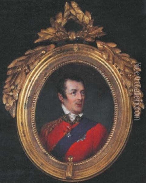 Portrait Of Arthur Wellesley, First Duke Of Wellington, Wearing Scarlet Uniform, The Badge And Sash Of The Garter And The Badge Of The Order Of The Bath Oil Painting - Simon Jacques Rochard