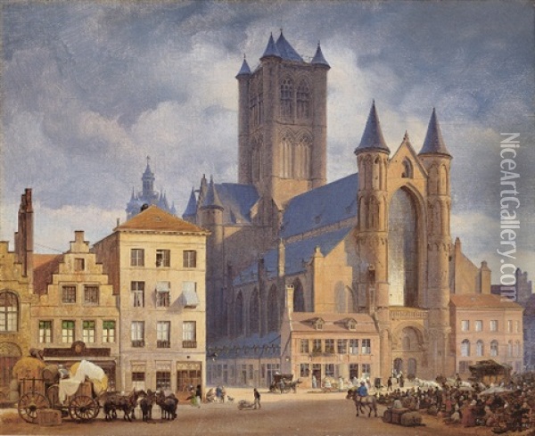 Der Marktplatz Mit Der Nikolaikirche In Gent Oil Painting - Johann Philipp Eduard Gaertner