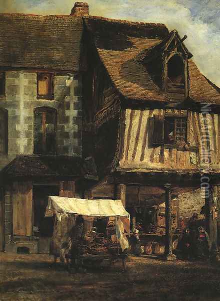 Market in Normandy (detail) 1830s Oil Painting - Theodore Rousseau