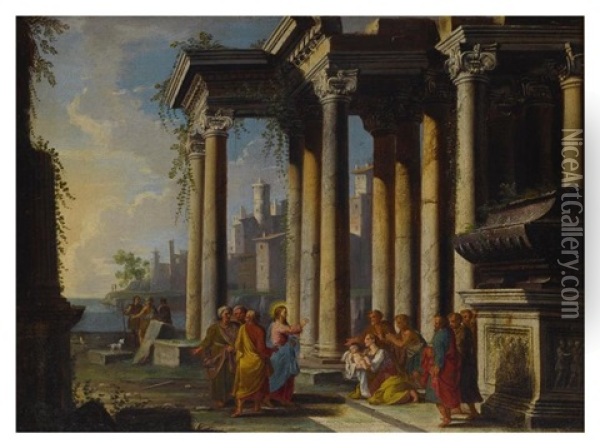 A Capriccio View With Classical Ruins And Christ Blessing A Mother And Child Oil Painting - Alberto Carlieri