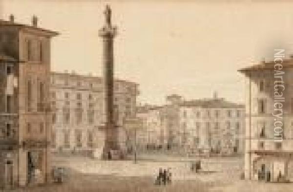 Vue De La Place Antonine A Rome
 Aquarelle Et Plume Et Encre Brune Oil Painting - Victor-Jean Nicolle