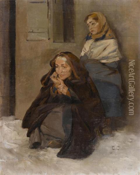 Two Women In The Snow Oil Painting - Edouard Castres