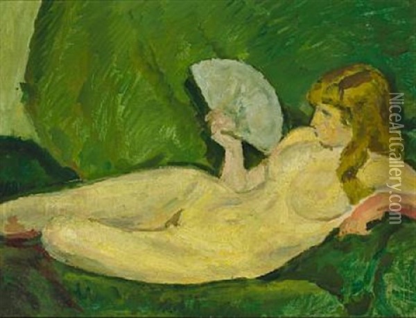 Liggende Model Med Vifte (reclining Woman With A Fan Oil Painting - Harald Giersing