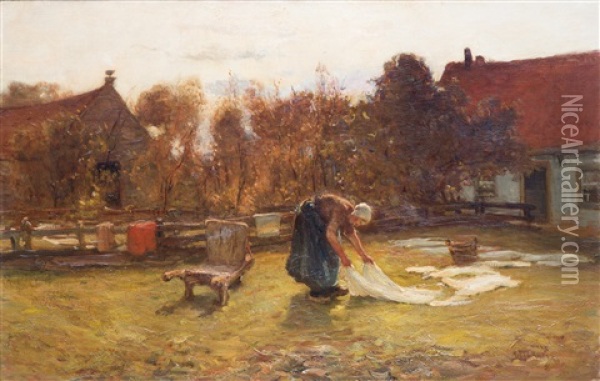 Bleaching Linnen On A Field Oil Painting - Bernardus Johannes Blommers